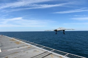The X-47B leaving the carrier deck for the first time. (U.S. Navy photo by Mass Communication Specialist 2nd Class Tony D. Curtis/Released)