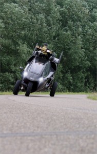 The three wheel design, along with a carbon fiber body, allows you to lean into turns.